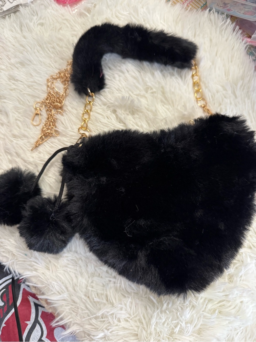 Black heart  Faux Fur Chain-Handle removable Women's Bag with pompons